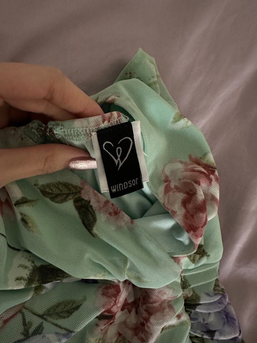 Windsor Light Green Floral V-Neck Ruched Asymmetrical Dress - Picture 4 of 5